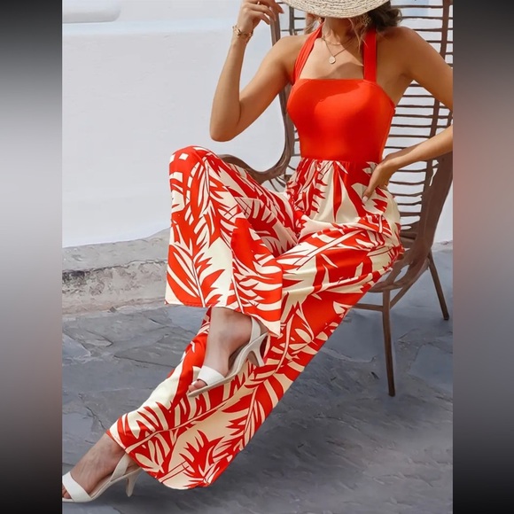 NEW Backless Halter Neck Wide Leg Jumpsuit Orange Red Leave Print - Picture 1 of 4